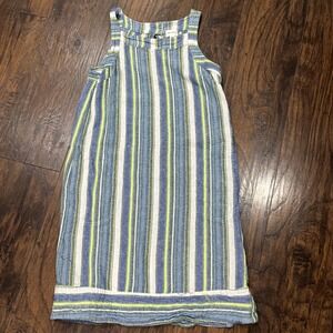 For Cynthia Dress Linen Blend Blue Striped Pullover Pockets Side Button Medium